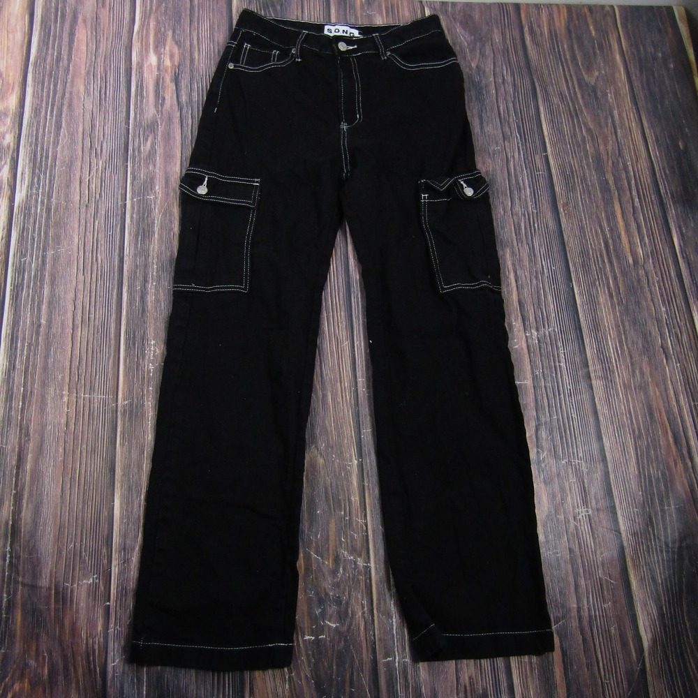 S.O.N.G. Pants Juniors 7/28 Black Cargo Twill Relaxed Fit Cotton Zip Fly Pockets - Picture 1 of 7
